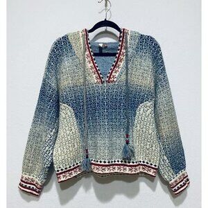 Pilcro Anthropologie Sweater Womens Medium Abstract Hoodie Fair Isle Tassel Boho